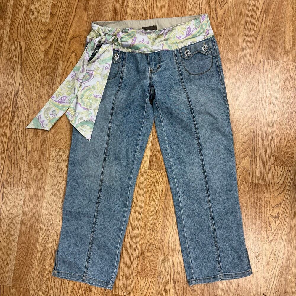 Y2k denim low rise capris floral sash silk belt cropped pants